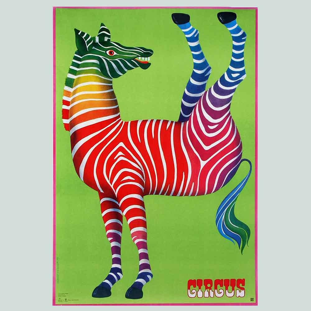 26Projekt's tweet photo. Hubert Hilscher designed this wonderfully colourful Polish circus poster in 1979. His topsy turvy zebra symbolised the state of the nation - which was also in disarray. We love its subversive spirit 💙❤️💜

#huberthilscher #polishposter #cyrk #circusposter #zebra #colourfulart https://t.co/SxyGjzlqyA