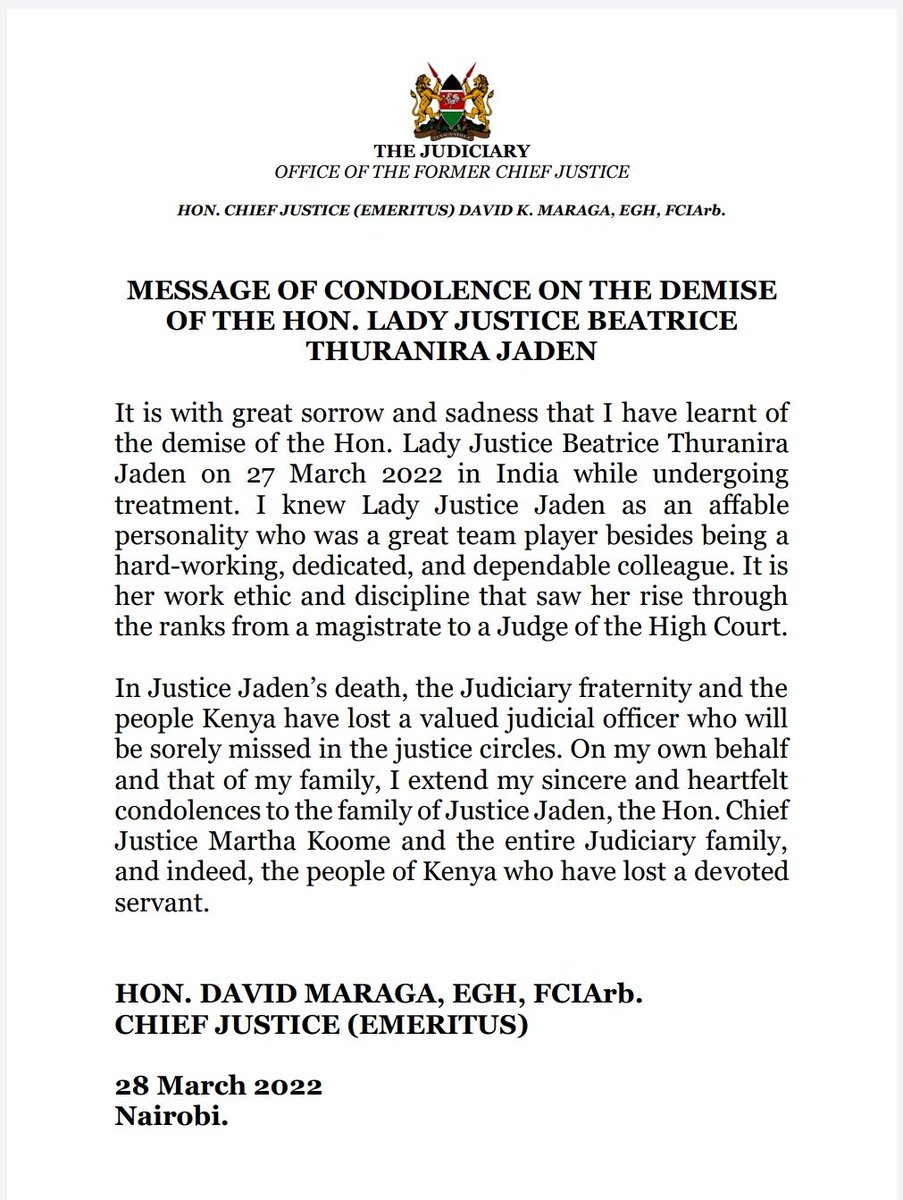 MESSAGE OF CONDOLENCE ON THE DEMISE OF THE HON. LADY JUSTICE BEATRICE THURANIRA JADEN