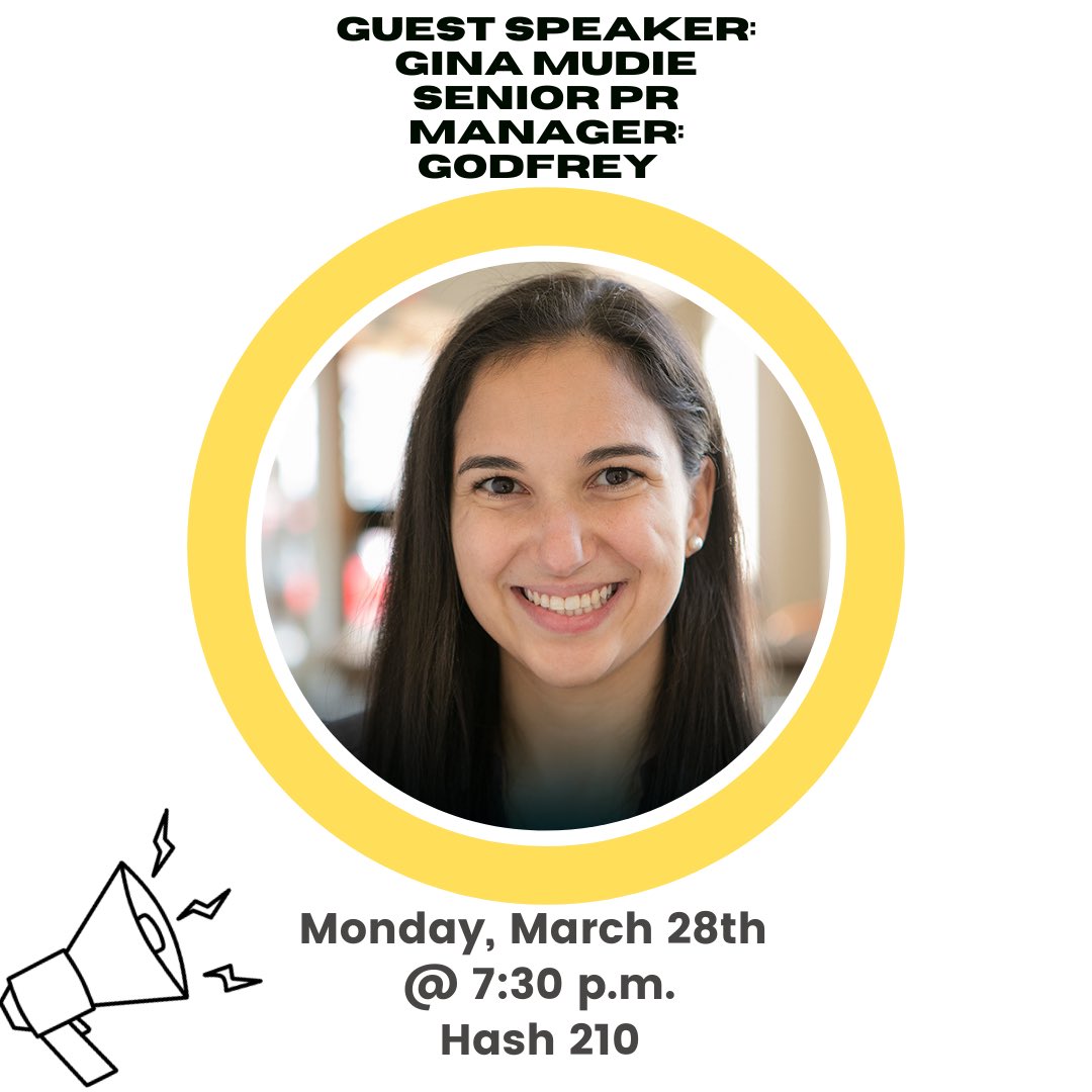 Meeting night!

Joining us is Gina Mudie! Gina is a Millersville alumni who now is the Senior PR Manager at Godfrey, a PR firm located in Lancaster County.