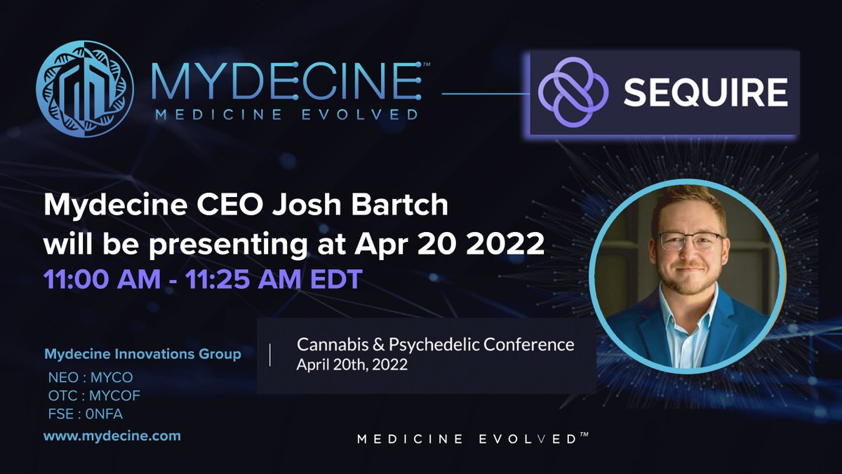 Join CEO Josh Bartch at the Sequire Cannabis &amp; Psychedelic Conference on April 20th at 11 am ET to learn more about Mydecine and what's in store for 2022! Register or learn more here: cannabis-conference22.mysequire.com <a href="/SRAXmedia/">SRAX</a>