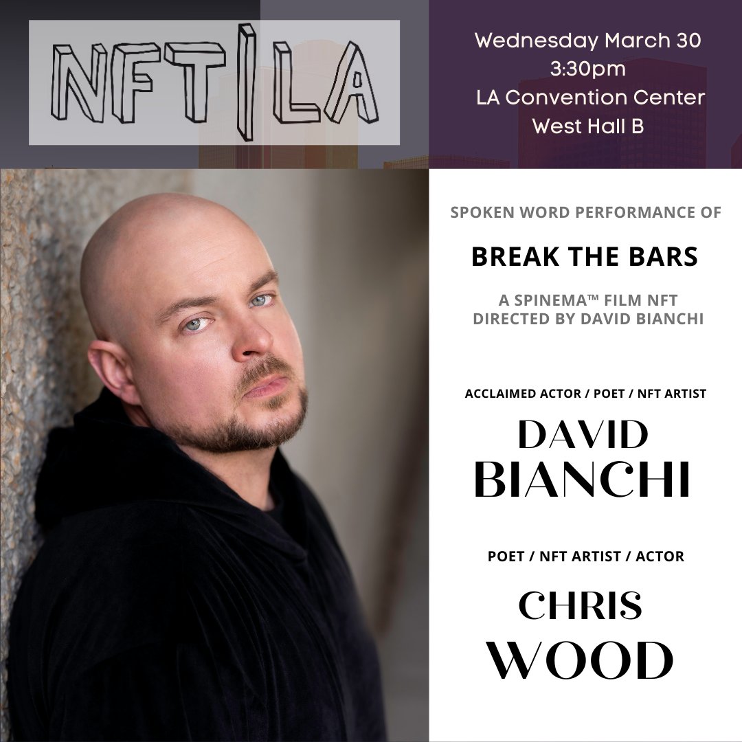 kristufferwouLd's tweet photo. LIVE SPOKEN WORD MAINSTAGE @NFTLAlive
w/ @davidbianchi performing to a live screening of the #nft #film
'Break The Bars'
Thank you @EdgeofNFT and the entire team for this incredible opportunity 🔥🌊
#NFTCommunity @makersplace #spinema https://t.co/cMeOyrnMbk