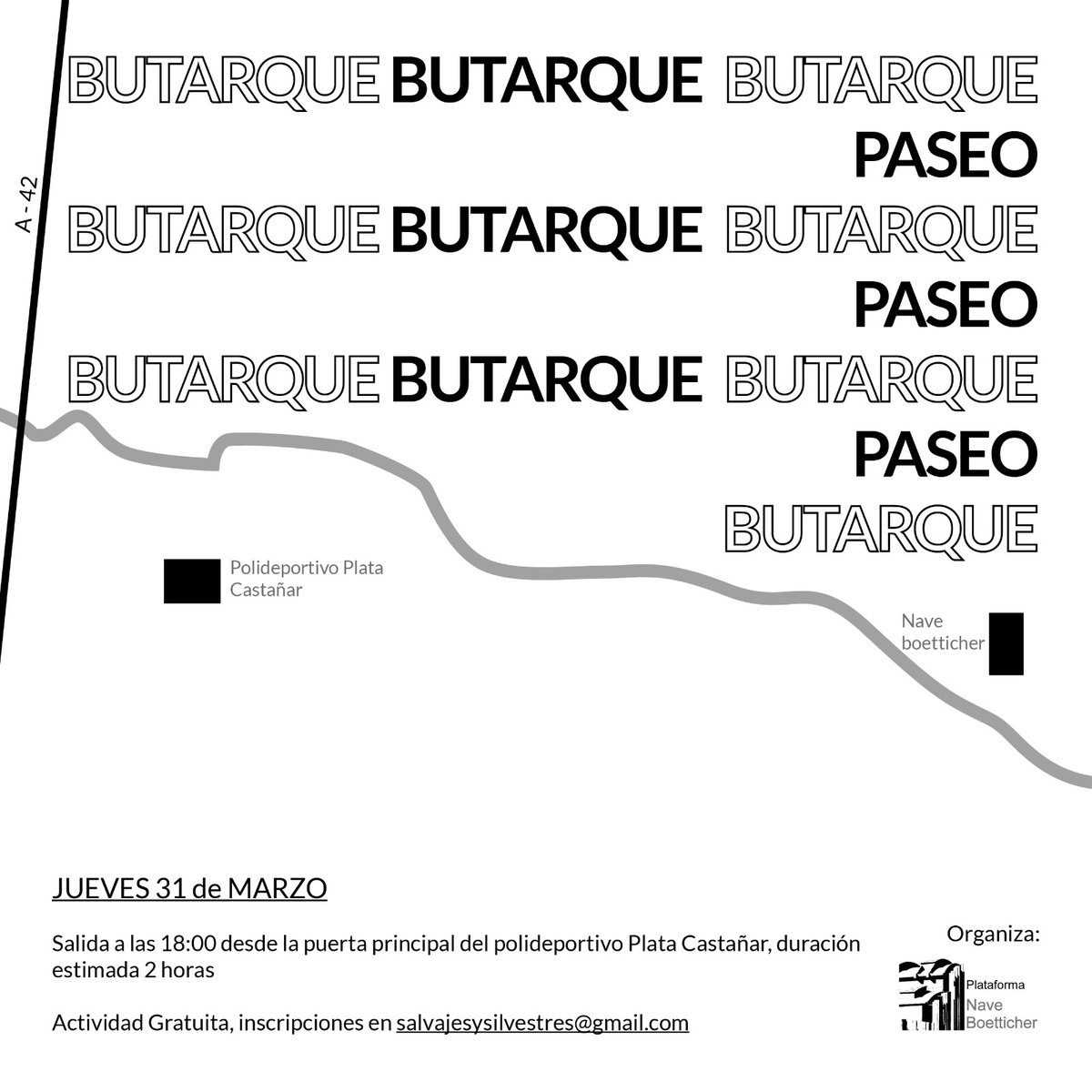Este jueves caminamos para descubrir el  Butarque, arroyo soterrado pero no olvidado, en su tramo por Villaverde. ¿Qué huellas de su existencia aún quedan? Ven a conocer y compartir historias que lo rodean
🗓️ ¿Cuándo?
Jueves  a las 18h 
🅰️ Desde el Polideportivo Plata y castañar