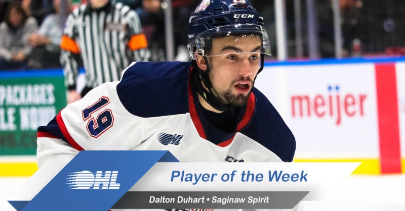 OHLHockey's tweet photo. Veteran @SpiritHockey forward Dalton Duhart (@Dalton_DuHart19) racked up 10 points in three games, recording his 100th career point in the process to be named #OHL Player of the Week.