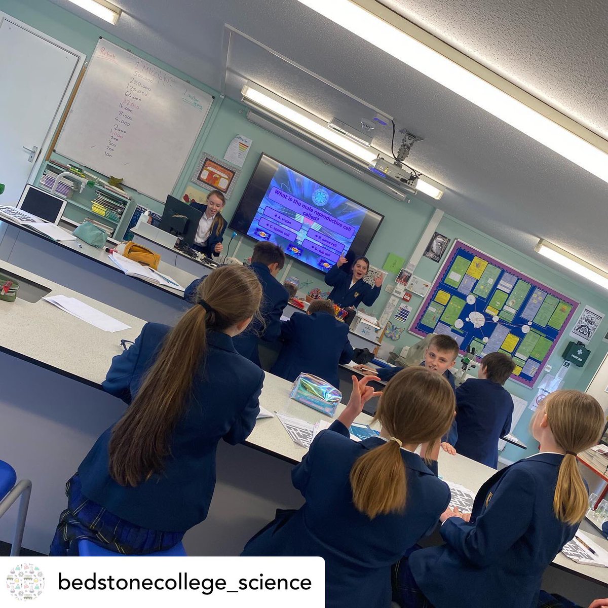 BedstoneCollege's tweet photo. @bedstonecollege_science Year 7 biologists had great fun taking part in the ‘who wants to be a millionaire’ end of topic quiz! #fun #interactive #teamwork #quiz #biology https://t.co/9wrqj46NDY