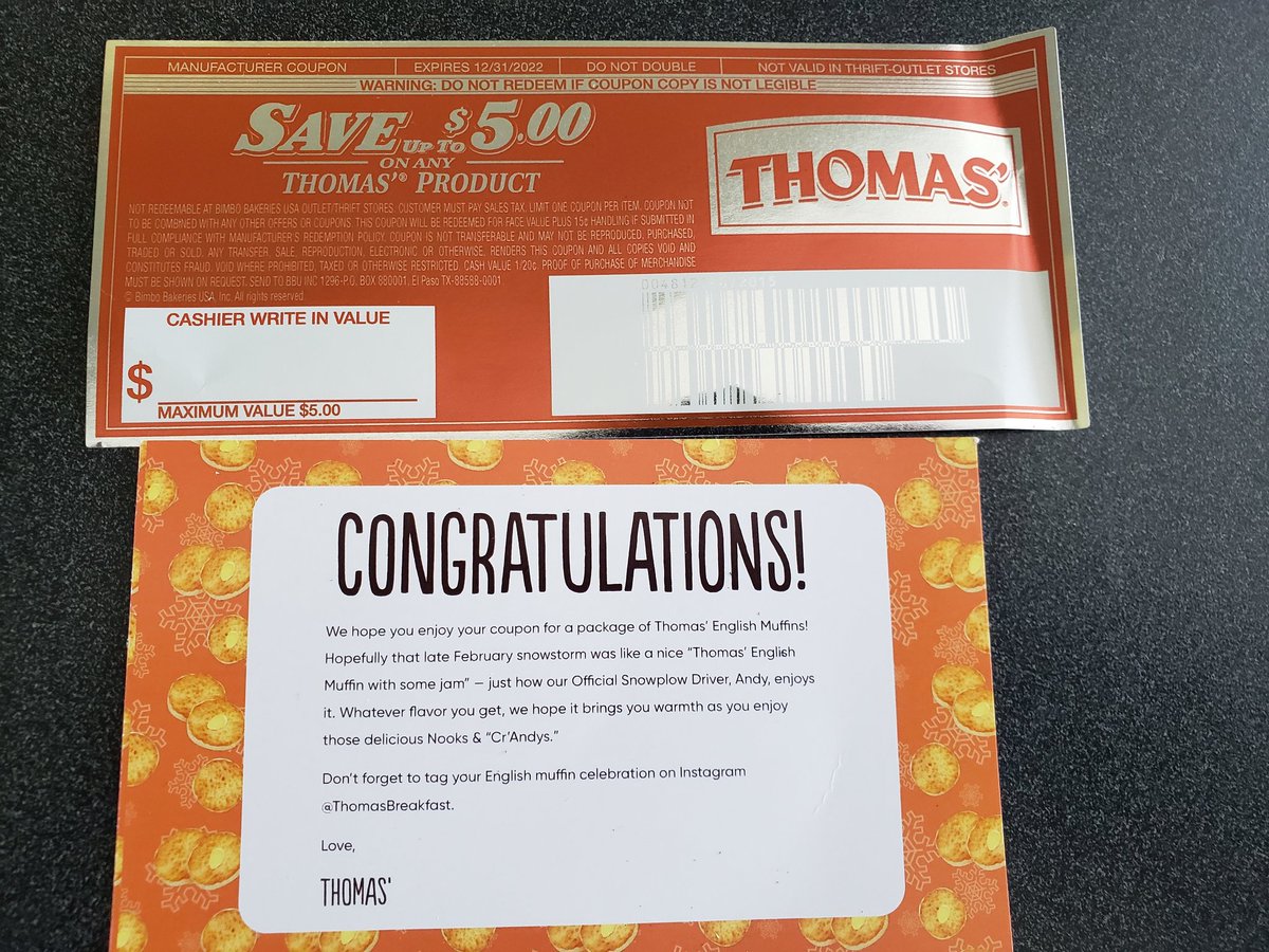 EricCarty's tweet image. Thanks @AnnaMeiler just got my free Thomas's English muffins coupon in the mail!