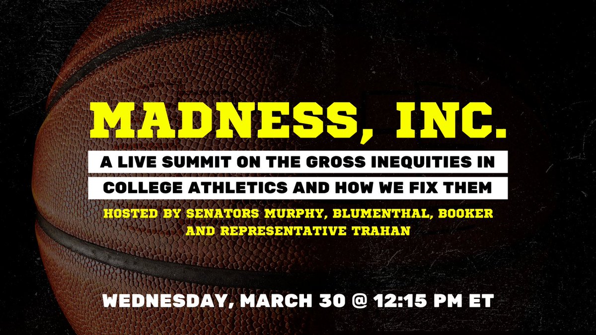 ChrisMurphyCT's tweet photo. My office has put a lot of work into this and it's going to be really thought provoking. 

So please join us this Wednesday for a live online summit on the troubling state of modern college athletics. Hosted by me @CoryBooker @SenBlumenthal @RepLoriTrahan https://t.co/77nn6rae4P