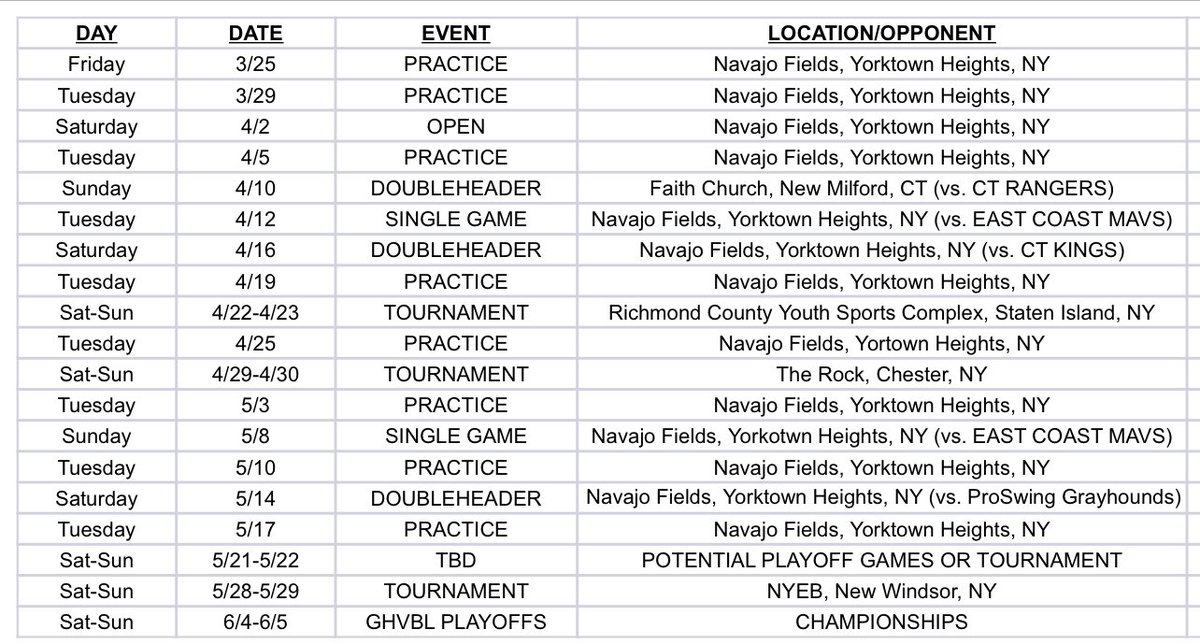 2022 Spring Schedule 13u