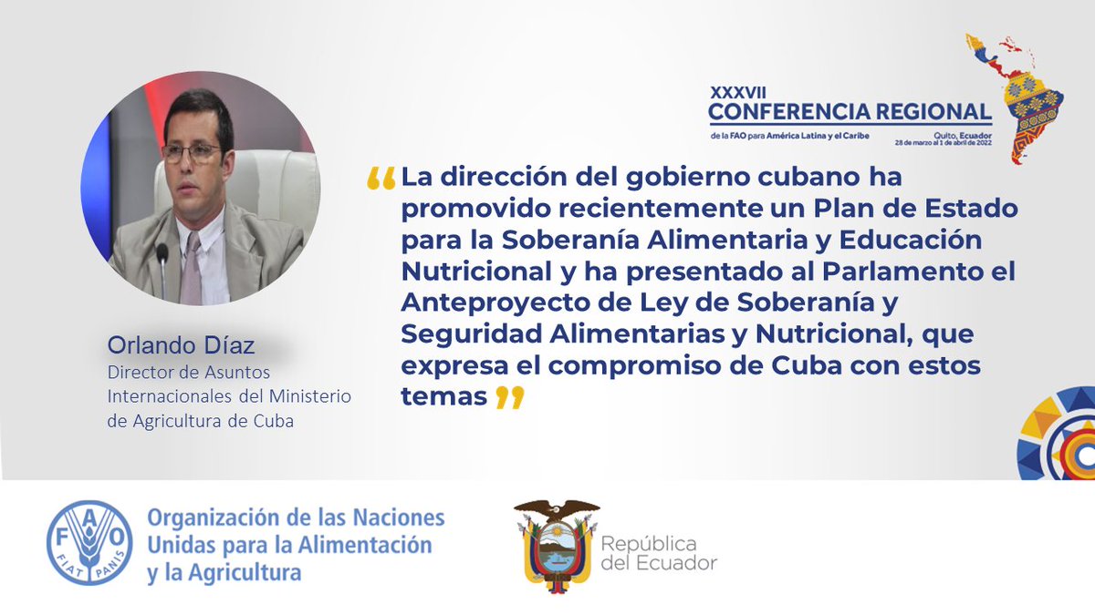 FAOCuba's tweet photo. 🔵El Director de Asuntos Internacionales del @MINAG, @OrlandoDazRodr1,  agradeció la asistencia técnica de #FAO al Plan de Soberanía Alimentaria y Educación Nutricional y su Anteproyecto de Ley. Expresó el compromiso de Cuba con seguridad alimentaria, nutrición, y la agenda 2030. https://t.co/bpjHMYUruH