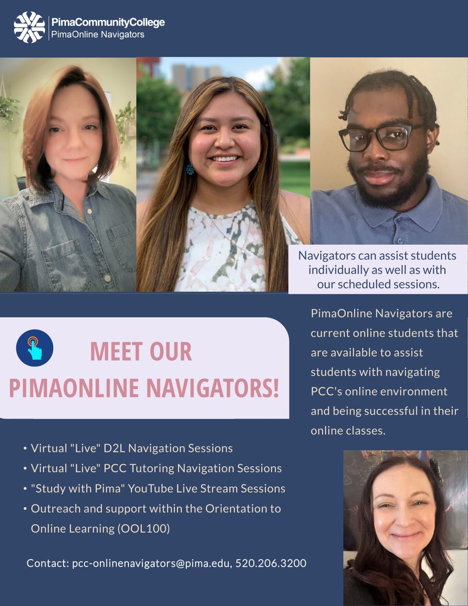 pimaonline's tweet photo. Welcoming our PimaOnline Navigators!

Current online students are available to assist students with navigating PCC's online environment and being successful in their online classes. They assist one-on-one as well as with our scheduled sessions. https://t.co/RqqTgu9QMF