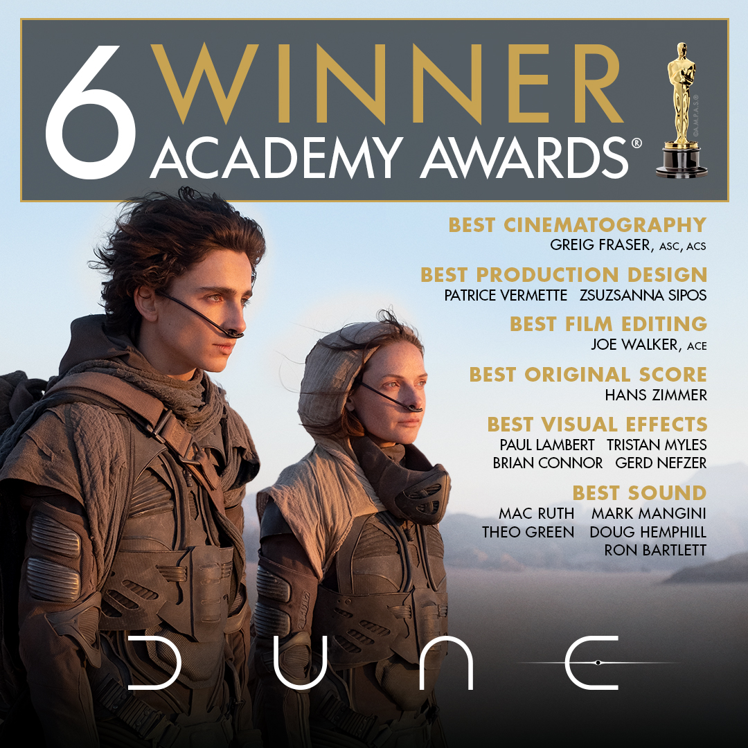 dunemovie's tweet photo. This is desert power. Congratulations to the phenomenal cast and crew of #DuneMovie for winning the Academy Awards® for Best Cinematography, Best Production Design, Best Film Editing, Best Original Score, Best Visual Effects and Best Sound. #DenisVilleneuve https://t.co/ZA2jIyhFph