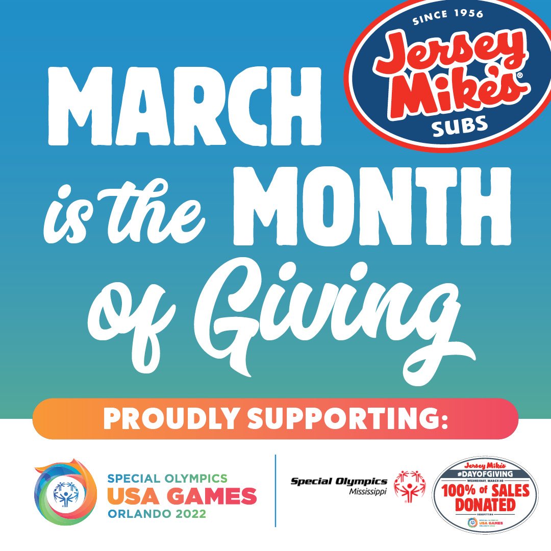 Special Olympics Mississippi (@somississippi) on Twitter photo The <a href="/jerseymikes/">Jersey Mike's Subs</a> Day of Giving is almost here! This Wednesday, March 30th, order a sub and make a difference as 100% of sales will be donated to support @2022USAGames athletes nationwide. #JerseyMikesGives #2022USAGames #ShineAsOne The <a href="/jerseymikes/">Jersey Mike's Subs</a> Day of Giving is almost here! This Wednesday, March 30th, order a sub and make a difference as 100% of sales will be donated to support @2022USAGames athletes nationwide. #JerseyMikesGives #2022USAGames #ShineAsOne