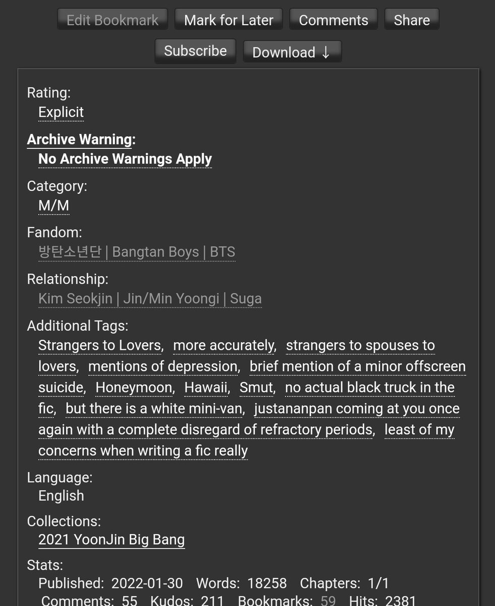Fic: "Black Truck"
Pairing: yoonjin
Author: <a href="/justananpan/">Just A Hooligan</a> 
Tag: romcomish

Please i love spouse yoonjin so muchhhh!!! Gahhhhh

archiveofourown.org/works/35719306

#yoonjin #fanfic #btsfanfiction #ao3