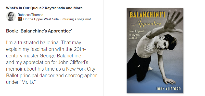 floridapress's tweet photo. In the @nytimes' "What's in Our Queue," Rebecca Thomas (@rebeccabuilds) recommends John Clifford's dance memoir, BALANCHINE'S APPRENTICE: FROM HOLLYWOOD TO NEW YORK AND BACK. Thanks for the shoutout! #dancehistory https://t.co/VfoUvbEHvw https://t.co/Ofg4HljjXE