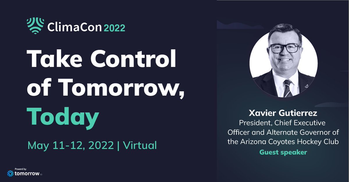 tomorrowio_'s tweet photo. Today, we’re excited to announce Xavier Gutierrez, @ArizonaCoyotes' President and CEO, as our latest speaker to the #ClimaCon22 lineup!
Save your spot today to hear Xavier's unique perspective on sustainability, weather impact, and more: https://t.co/zZ7nxy0l3U https://t.co/YrFcR2Uvzf