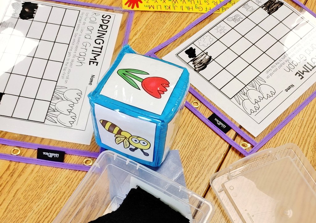 Morning Table Activities: Race to 20,  Spring Roll and Graph, Pattern block animals and number sorting.