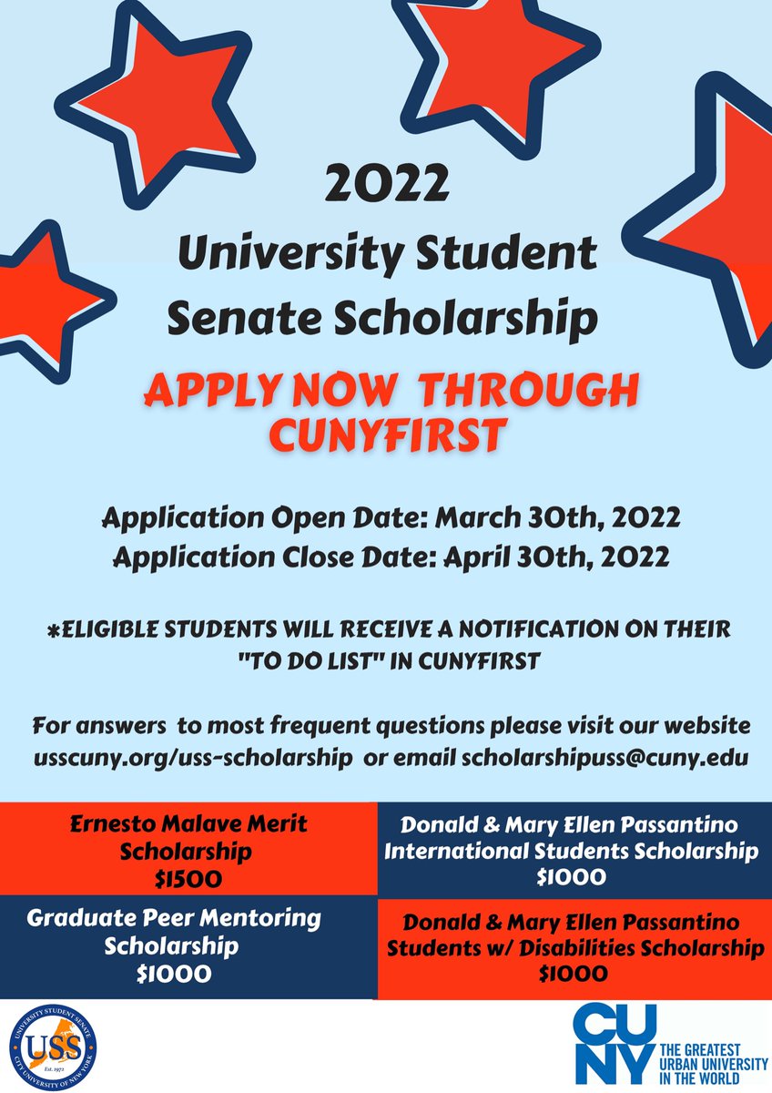 We are excited to announce that USS scholarships will become available for eligible CUNY students to apply beginning March 30th. Click the link to see eligibility requirements! 

usscuny.org/copy-of-schola…