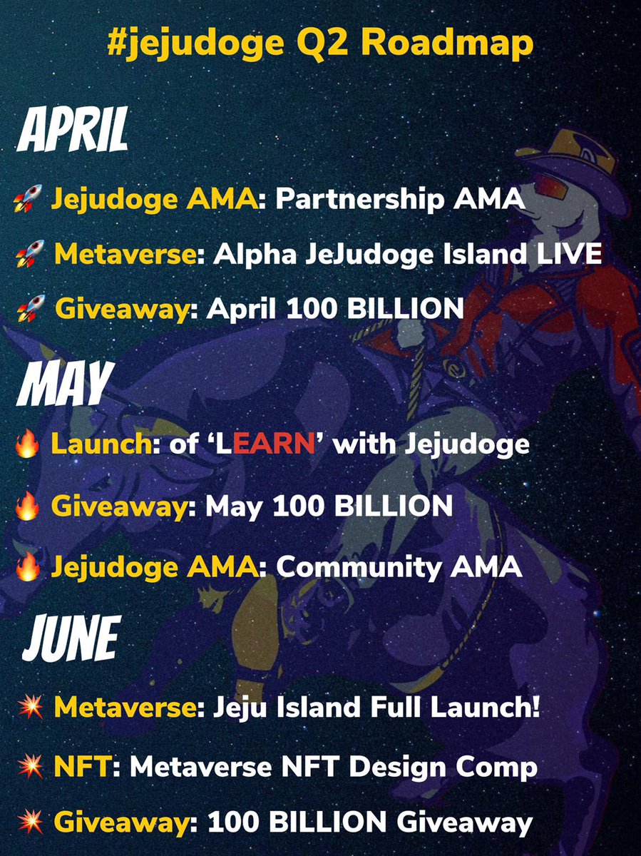 Jeju_doge's tweet photo. Remember Jeju Fam, we have an exciting Q2 about to start. Get ready to  🌙 🚀😎

#Crypto #cryptotrading #cryptocurrency #metaverse #GetReady #LAUNCH https://t.co/5v4WxfkKRh