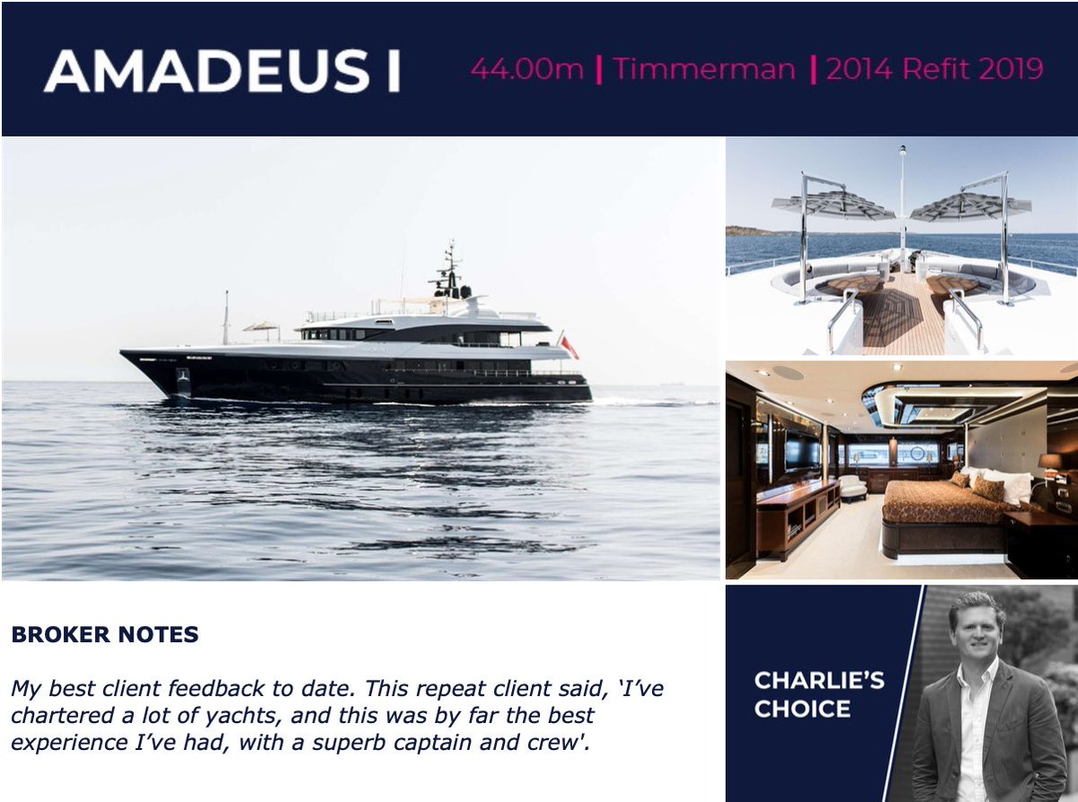 charterbrokerCB's tweet photo. With summer just around the corner, one of my top yachts to charter in the 25-60M range is M/Y Amadeus. Get in touch to discuss your charter; email: charliebush@tjbsuperyachts.com
#YachtCharter #Yachting #Superyachts #CharterBrokerCharlie https://t.co/mZVU1CqBhY