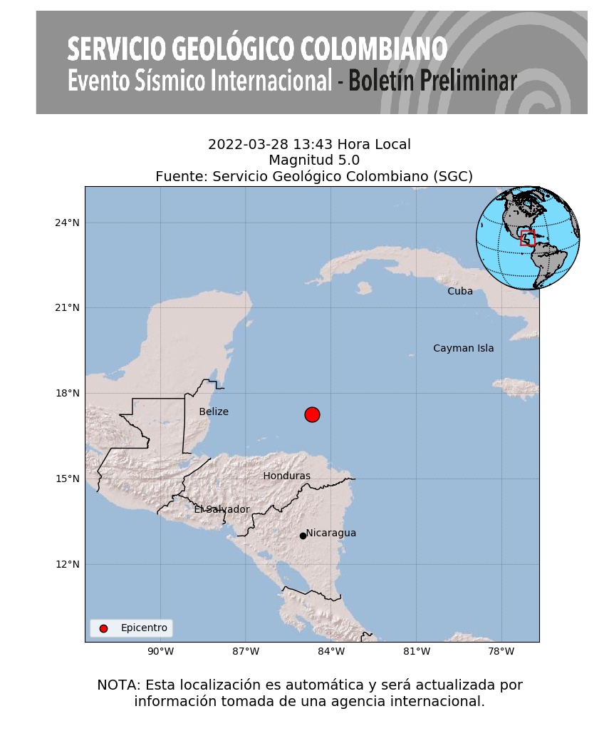 #SismosColombiaSGC Evento Sísmico Internacional - Boletín Preliminar, 2022-03-28, 13:43 hora local. Magnitud 5.0. #NoticiaEnDesarrollo #Temblor #Sismo Más información: sgc.gov.co/sismos