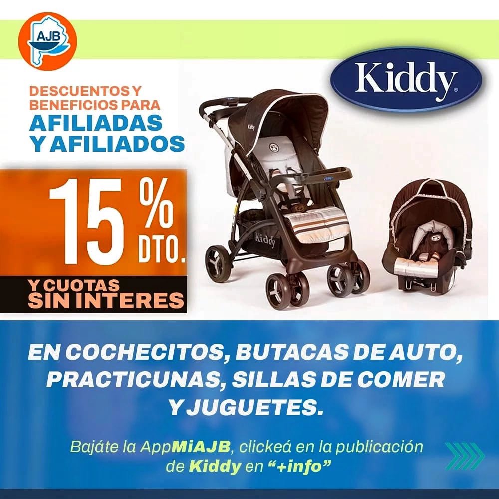 AJB | Acción Social 

▶️ Seguimos sumando beneficios. 

La secretaría de Acción Social firmó un convenio con Kiddy para que los afiliados y afiliadas a la AJB accedan a un 15 % de descuento en la compra de cochecitos, butacas, practicunas, sillas de comer y juguetes. 

📲 MiAJB