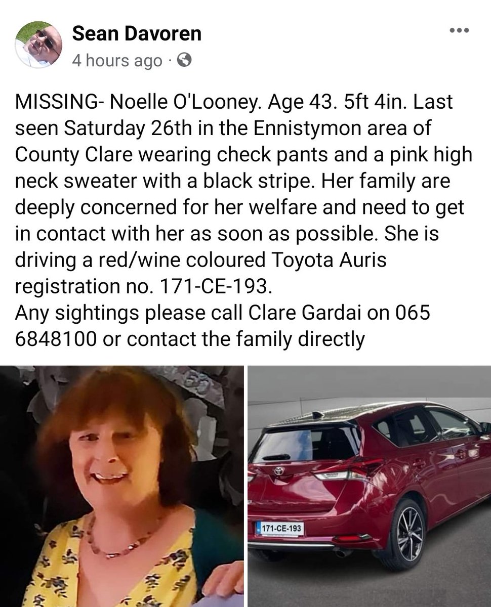 ***MISSING PERSON*** If anyone has seen Noelle or her car - driving a red/wine coloured Toyota Auris registration no. 171-CE-193, please call Clare Gardai on +353 (0)65 6848100 or contact the family directly. Thank you for your help. Retweets appreciated.