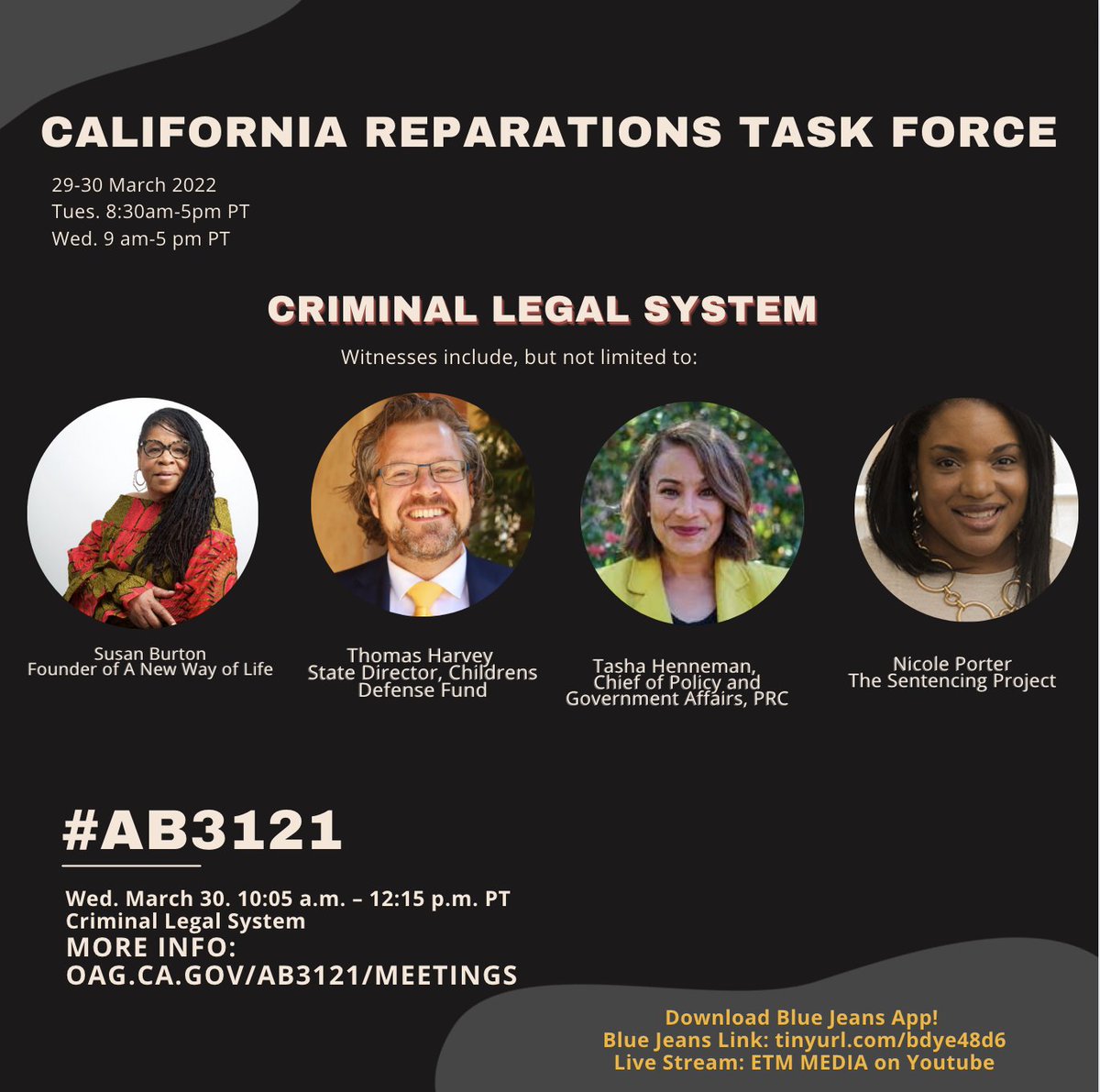 KamilahVMoore's tweet photo. Don't miss the next virtual #AB3121 California Reparations Task Force hearing! 

Day 2, Wed. March 30: 'Criminal Legal System' panel, feat. @SusanBurtonLA, @tbh4justice, @TashaHenneman, @nicoleporter of @SentencingProj starts @ 10:05am PT.

Agenda: https://t.co/KfCybaj26q https://t.co/wxzeisXWbl
