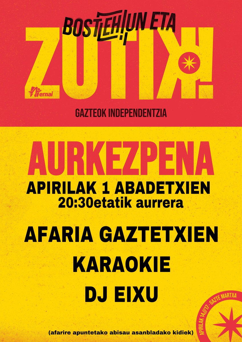 ijorretakoGA's tweet photo. ZUTIK AURKEZPENA

Bariku honetan gazte martxien aurkezpena eingogu gaztetxien!

Ostien afarixe, karaokie eta DJ Eixu! Hurbilddu! https://t.co/2JbyP3S4qV