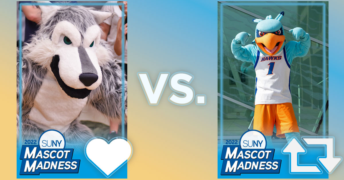 SUNY's tweet photo. Bonus votes for round 2 of #SUNY #MascotMadness 2022. This is Region 4, Game 7:
Like = Eddy Rondack of @SUNYADK 
RT = @HugotheHawk of @newpaltz https://t.co/lCNXOJnxD5