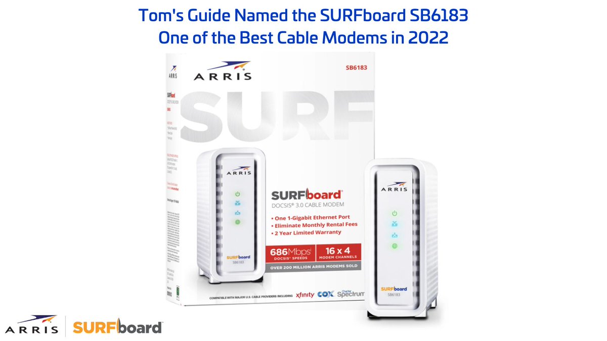 ARRIS's tweet image. On this #modemmonday, we want to highlight that #TomsGuide named the #ARRISSURFboard SB6183 one of the Best #CableModems of 2022. Click here to read the review and stop paying rental / lease fees for your equipment today.  tomsguide.com/us/best-modems…