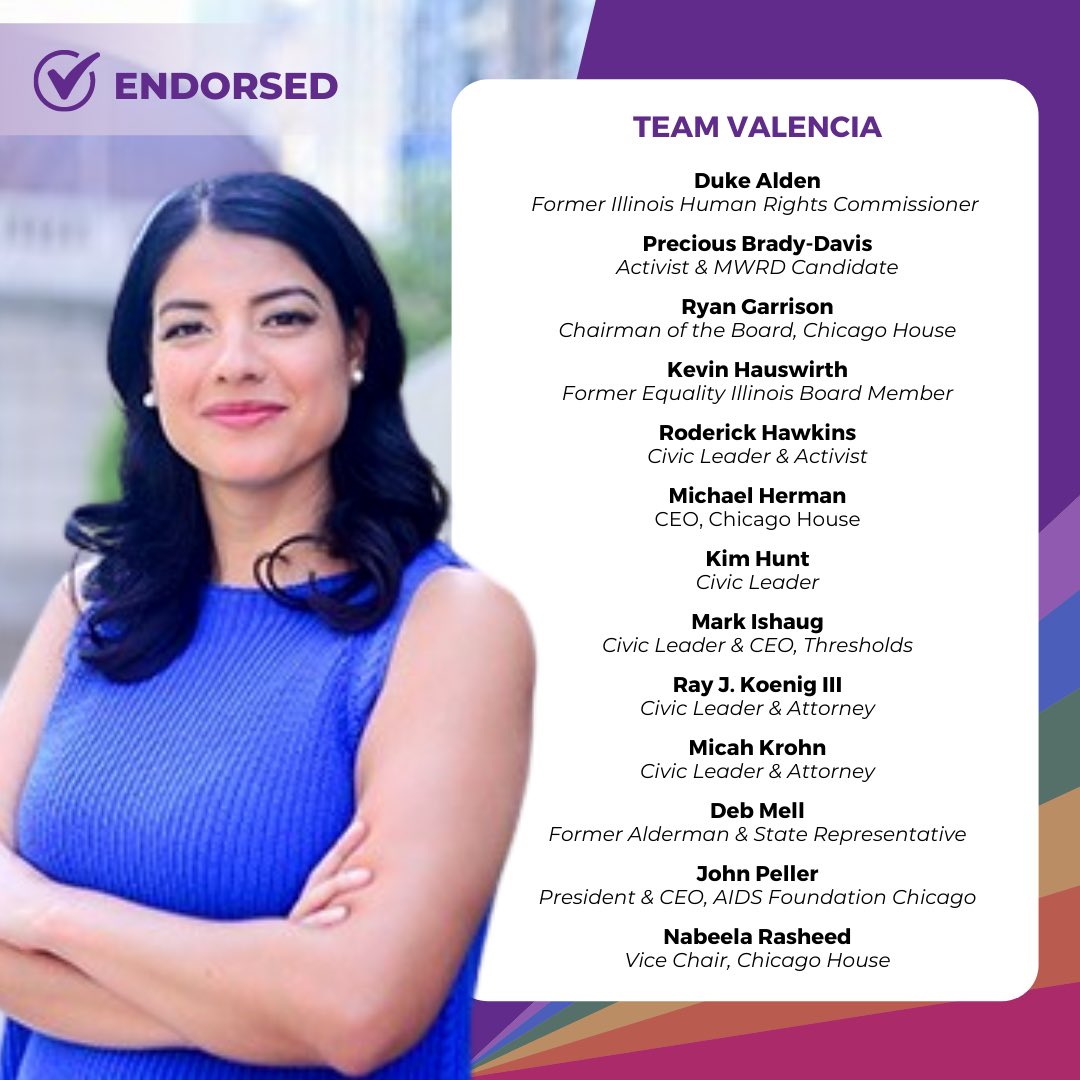 Join me in welcoming the following statewide LGBTQ+ leaders to #TeamValencia! These individuals work tirelessly to advocate for human rights & equal opportunities for all. I’m proud to have earned their support for IL Secretary of State & look forward to making history together!
