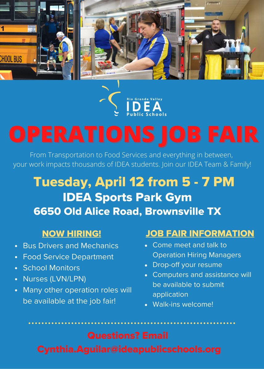 BTxChamber's tweet photo. #MemberMessage Join IDEA Public Schools on April 12th for the Operations Job Fair!
📅 Tuesday, April 12, 2022
🕐 5 PM - 7 PM
📍 IDEA Sports Park Gym, 6650 Old Alice Road, Brownsville, TX https://t.co/SrP4YAMP6U