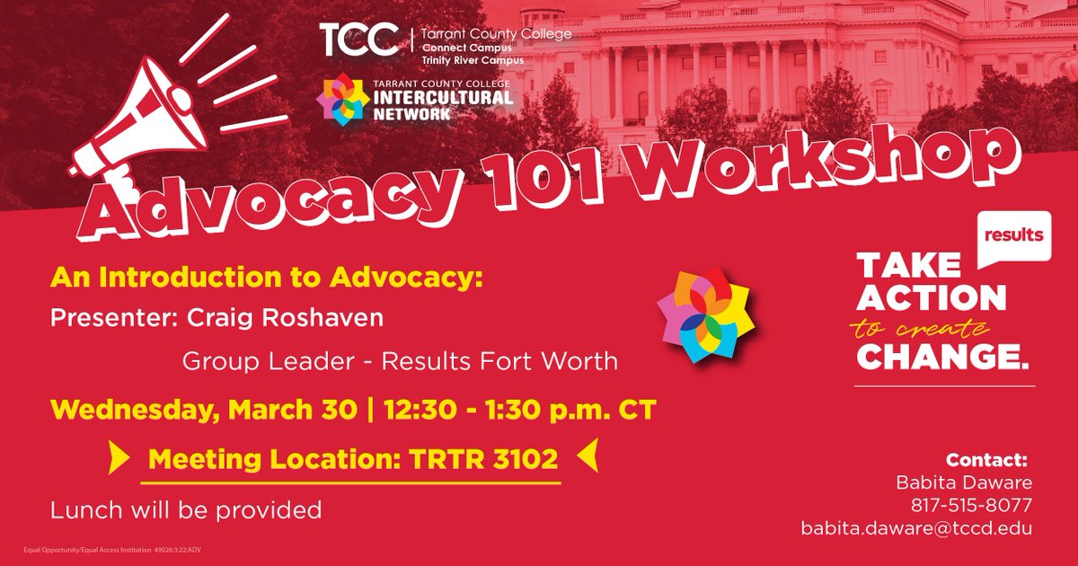 TCCollege's tweet photo. Join us at #TCCTrinityRiver Wed, March 30 at 12:30PM as speaker Craig Roshaven introduces students to the topic of Advocacy and what citizens can do to make a difference in their communities. Learn more at https://t.co/8Bp39IIucU https://t.co/pgrkhdFygu