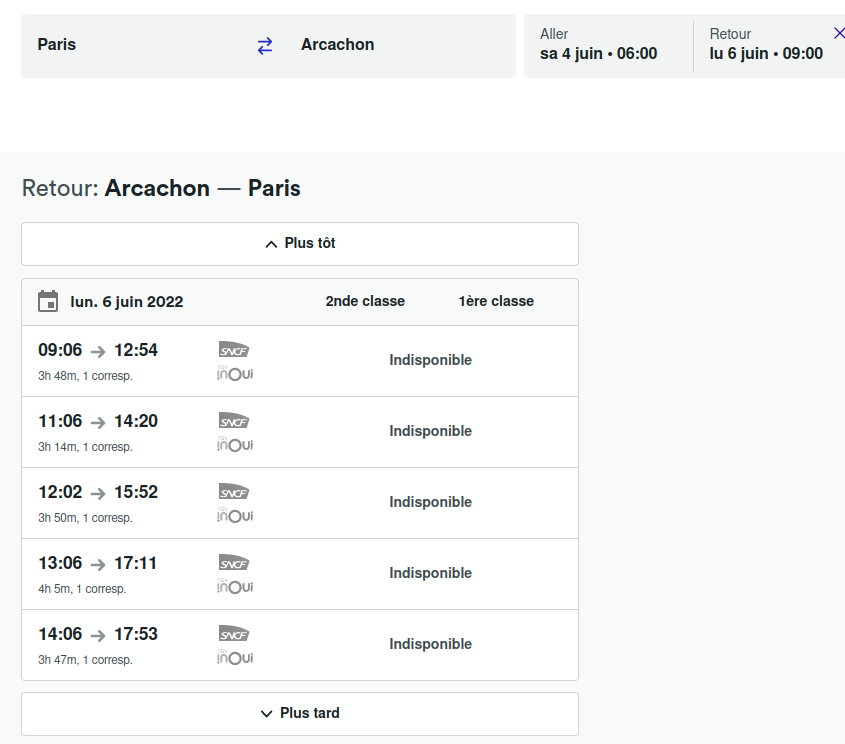 Bonjour <a href="/trainline_fr/">Trainline France</a>, quand j'essaye d'acheter un billet Arcachon Paris le 6 juin avec un billet de réduction je n'ai que des trains indisponibles alors que sans réduction je peux tout acheter. Comment ça se fait ?