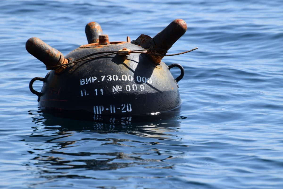 #MineWarfare #Navy #War BTW, this particular naval mine in the photo was no brought into 'active condition'.The safety 'caps' are in place at this mine. I think this is due to its technical condition and old age. Nevertheless, it still posed a potential threat to shipping.