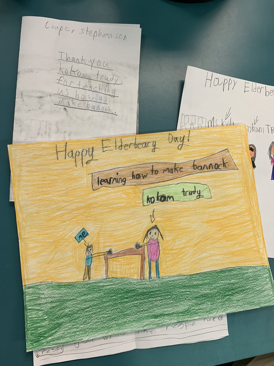 Grade 3 showing their gratitude on #ElderbearyDay for some of the wise teachers we have been so fortunate to learn from this year. We appreciate you Kokom Trudy & Elder Janette ❤️ @CaringSociety @FMCSD
