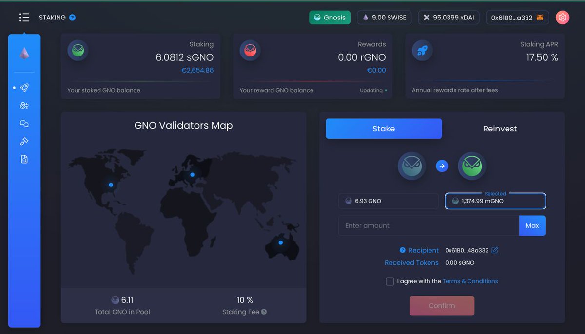 stakewise_io's tweet photo. Liquid staking for the Gnosis Beacon Chain is now available on StakeWise 🌊

Head to our app to stake GNO &amp; mGNO and earn up to 18% APR while securing the GBC network 💰

Start staking: https://t.co/a0pZBIo1vc https://t.co/Gk4qaUcGQt