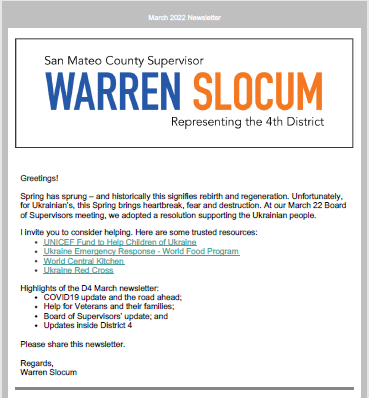 Our District 4 Newsletter March 2022 is here. During this month, read about the road ahead as COVID cases drop and recovery begins, helping our veterans and their families, and Board and District 4 updates. And please share!  conta.cc/3DmLbjw