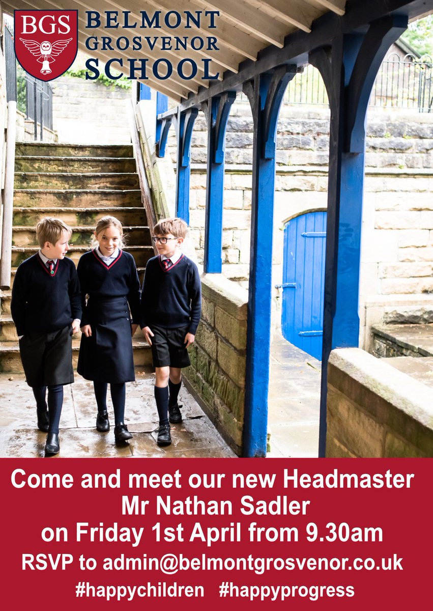 BelmontGrosveno's tweet photo. #Harrogatehour Please help us spread the word - we've got our new Headmaster joining us at #BGS this week and he'd love to meet YOU! Come along for our informal open morning to meet Nathan Sadler and the BGS team
#Harrogate #school #happychildren #happyprogress #openmorning https://t.co/6Ht5sfpviK