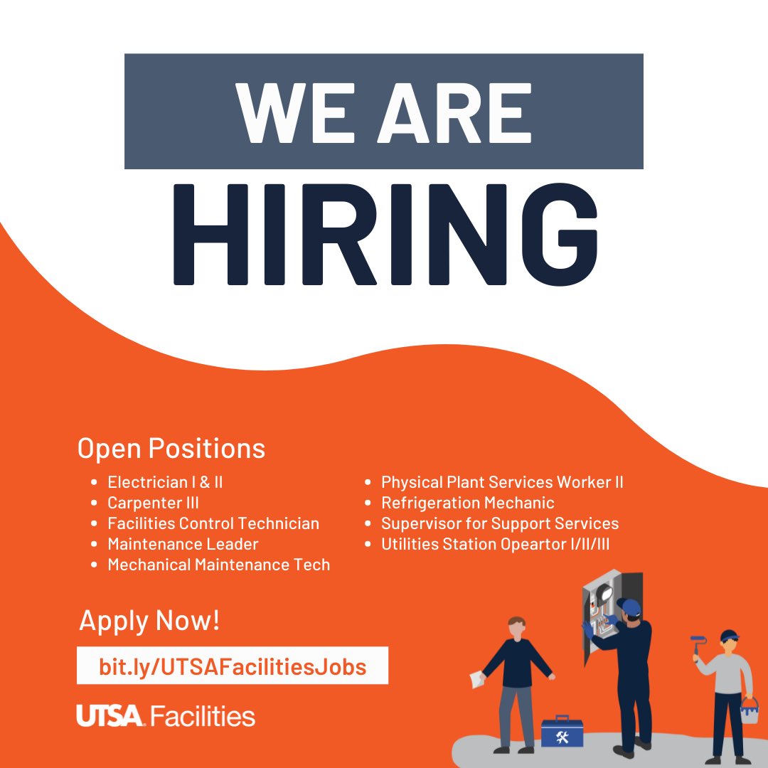UTSAFacilities's tweet photo. We’re hiring skilled🔧individuals that want to improve the physical environment at UTSA. Check out our open positions, and apply today!

➡️ https://t.co/EY3HpUHH2d https://t.co/zwZoRhnGd1