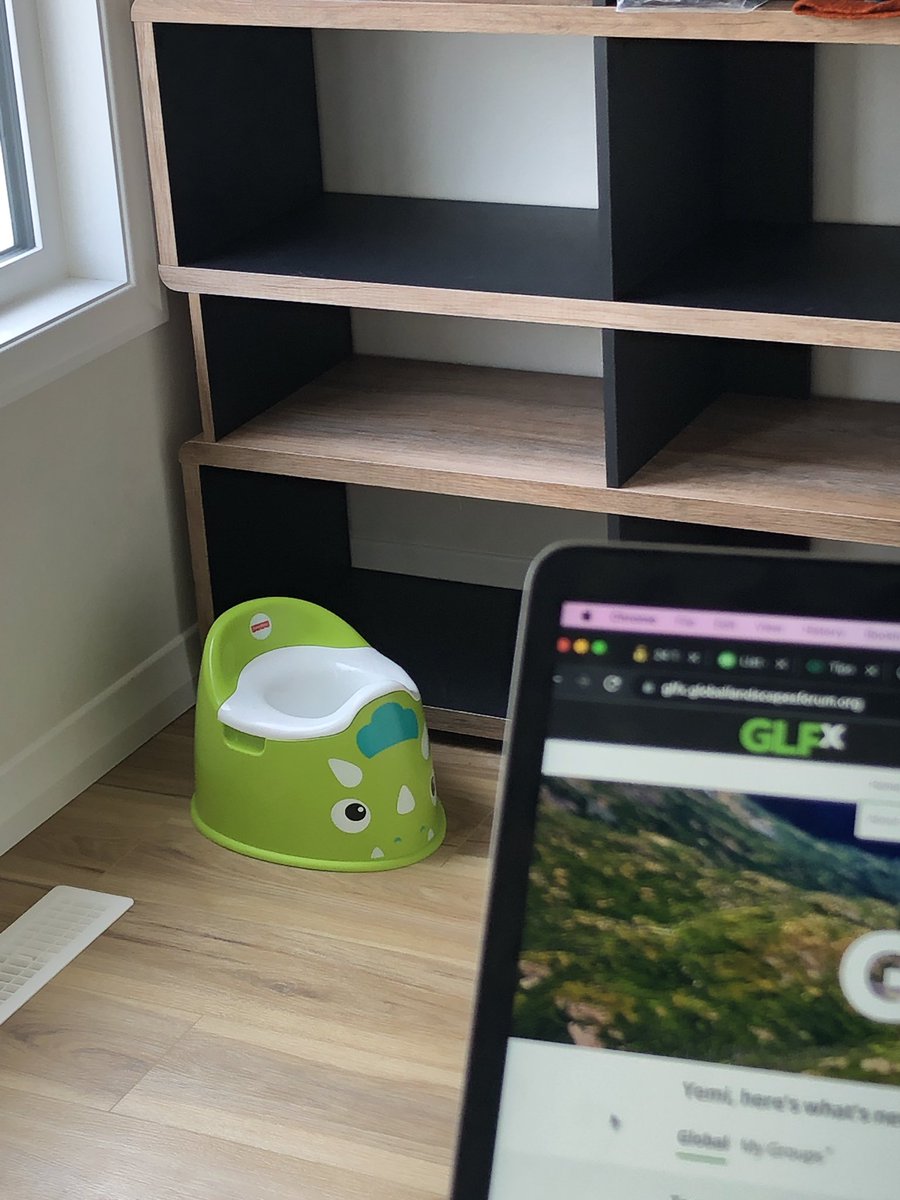 I keep my desk in a standing state. I kept the lower shelves empty, but my son still feels my office can be a more equitable space! He had to drag this in. #homeoffice