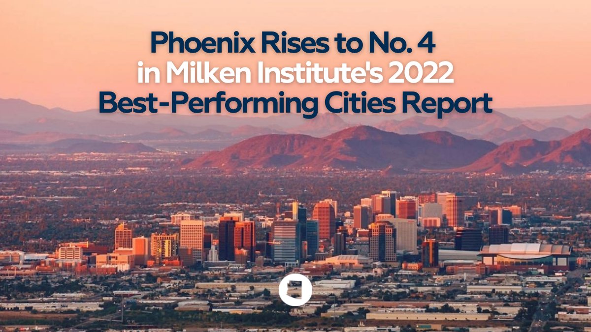 TOP 5 in the nation! 🌵🏙️ According to <a href="/MilkenInstitute/">Milken Institute</a>'s 2022 Best-Performing Cities report, Phoenix ranks No. 4, up from seventh last year. Full Report: milkeninstitute.org/report/best-pe…