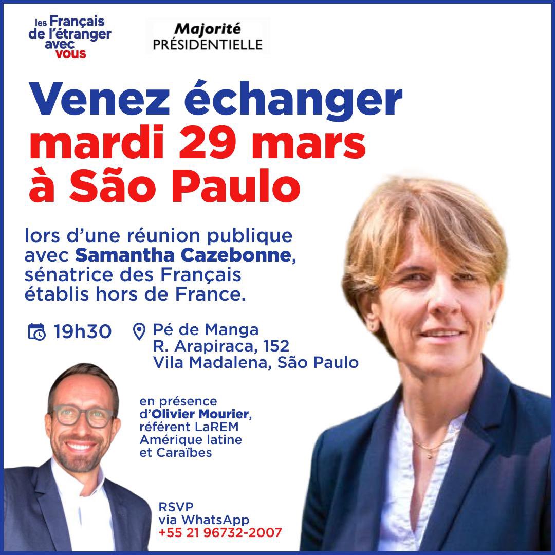 EnMarcheAmlat's tweet photo. 👉🏽 Rendez-vous ce mardi à 19h30 à São Paulo pour échanger avec @scazebonne sur les préoccupations des Français de l’étranger. Ce sera aussi l’occasion présenter les principales mesures du programme présidentiel à destination des FDE.

📍 RDV au Pé de Manga, rua Arapiraca, 152 https://t.co/AFHvEUCczY