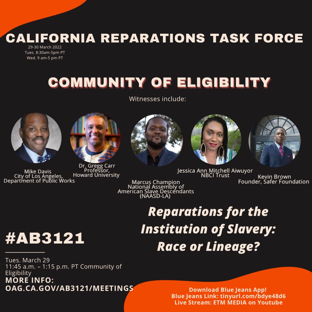 KamilahVMoore's tweet photo. You DON'T want to miss the #AB3121 California Reparations Task Force hearing tmrw and Wed., Mar. 29-30! 

Tmrw: ‘Community of Eligibility' panel, feat. Mike Davis; @AfricanaCarr; @BrokerChampion; @JAMAiwuyor; @SaferFoundation 11:45am-1:15pm PT.

Agenda: https://t.co/KfCybaA58q https://t.co/0CQAWswIv4