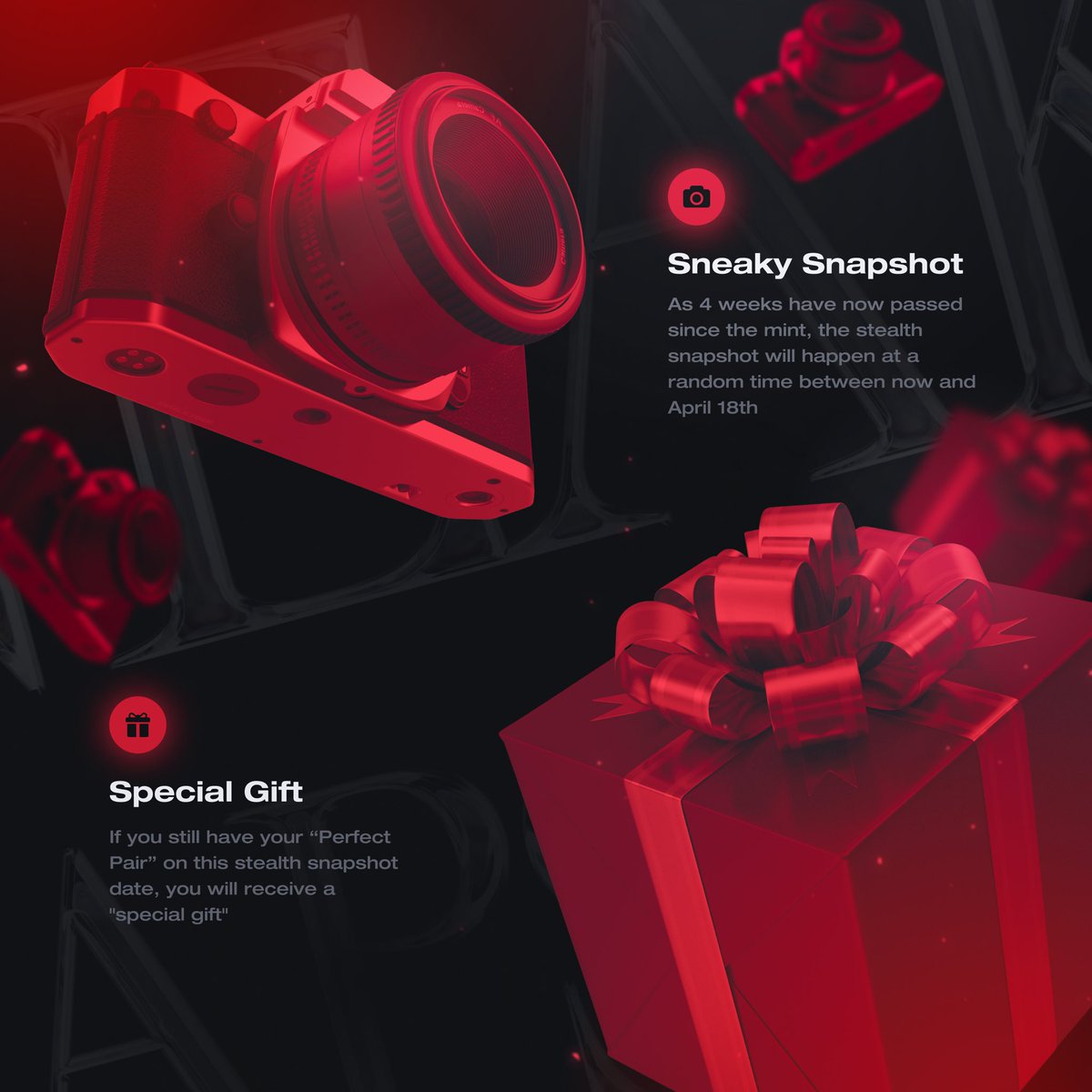 A Sneaky Snapshot 📸 

Prior to the Vampiress mint we let everybody know that those who held their Perfect Pair’s would be rewarded… 🤔 

With 4 weeks since the mint having passed, it will soon be time for the snapshot to occur and to reveal what the reward is! ⏰
