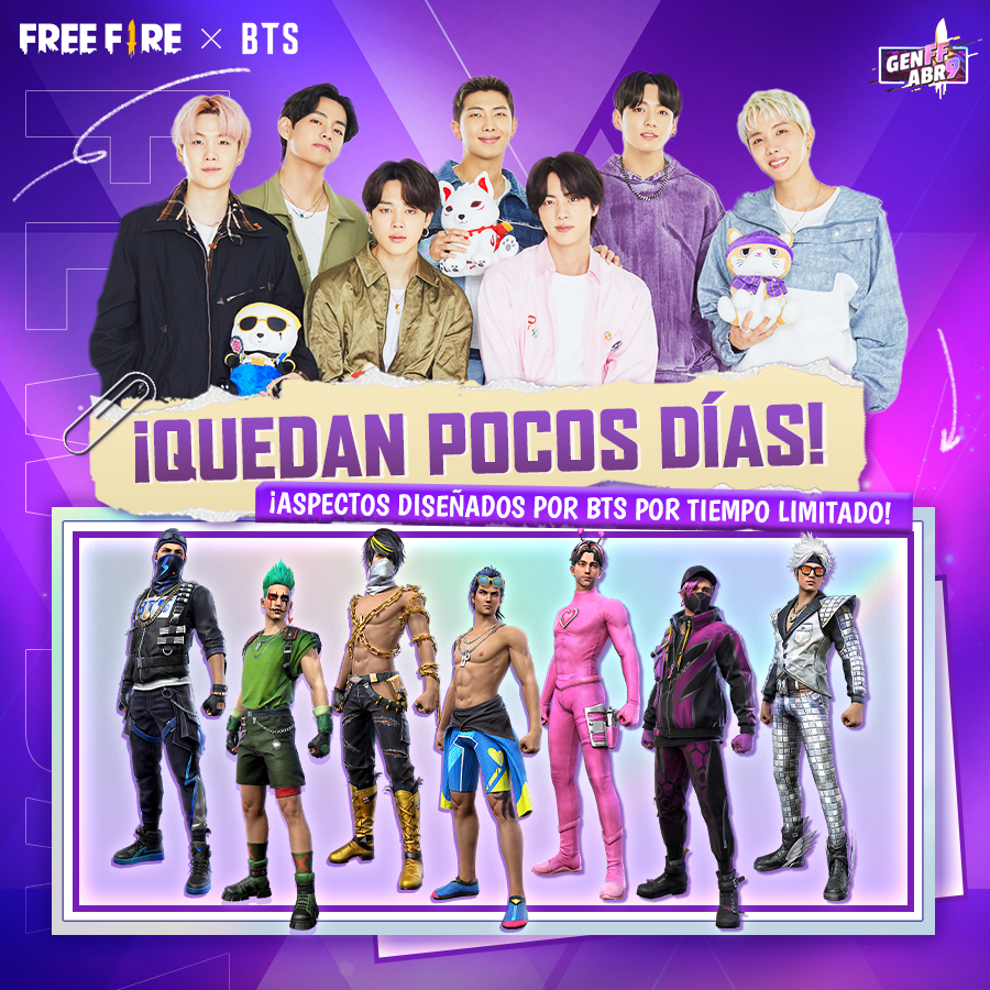 freefirelatino's tweet photo. ¡Recuerda que los increíbles aspectos diseñados por RM, Jin, SUGA, j-hope, Jimin, V y Jung Kook estarán solo por tiempo limitado! 🔥

¡No te quedes sin ninguno de ellos y demuestra que tu también eres parte de la Generación Free Fire! 💜✨
#ARMY #FreeFirexBTS #GenFF https://t.co/LHxrL0k37L