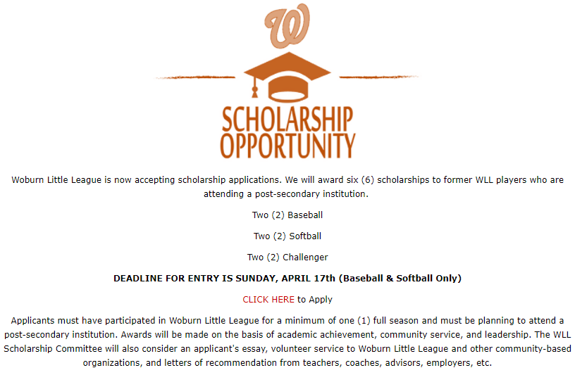 Woburn Little League is now accepting scholarship applications. We will award six (6) scholarships to former WLL players who are attending a post-secondary institution. 2 Baseball, 2 Softball, 2 Challenger. Click the link to apply. ow.ly/iJTJ50Iukgi
