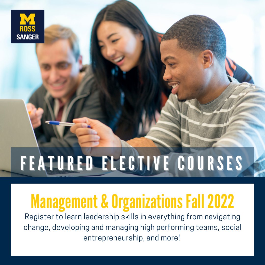 April brings course bidding and registration! 📚 <a href="/MichiganRoss/">Ross School of Business</a> Management &amp; Organizations department has a FANTASTIC line-up for Fall 2022, including courses taught by Sanger Faculty Champions <a href="/mgbarger/">Mike Barger</a>, @jlc5312, <a href="/NegGenuinely/">Shirli Kopelman</a>, and <a href="/DaveMMayer/">Dave M Mayer</a> to name a few! 👀