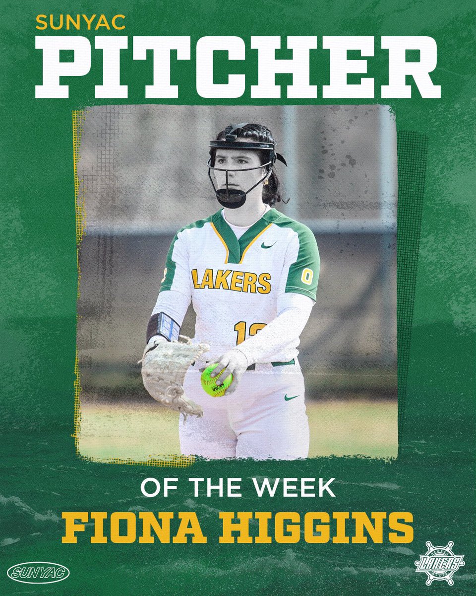 OswegoAthletics's tweet photo. As Fiona Higgins continues to dominate on the mound, she has been recognized as SUNYAC PrestoSports Pitcher of the Week. See the full story on the Laker App! Congratulations Fiona!! 🥎 🔥 https://t.co/3jLCsYzxwz
