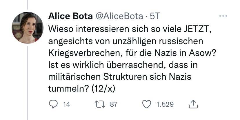 Eine weitere Kritik entspannte sich daran, dass dies „der falsche Zeitpunkt“ für Kritik sei, da dies russischer Propaganda in die Hände spiele. Das ist eine bemerkenswerte Kritik, da dies nämlich impliziert, dass die Presse in einem Krieg nichts mehr berichten darf, dass /9