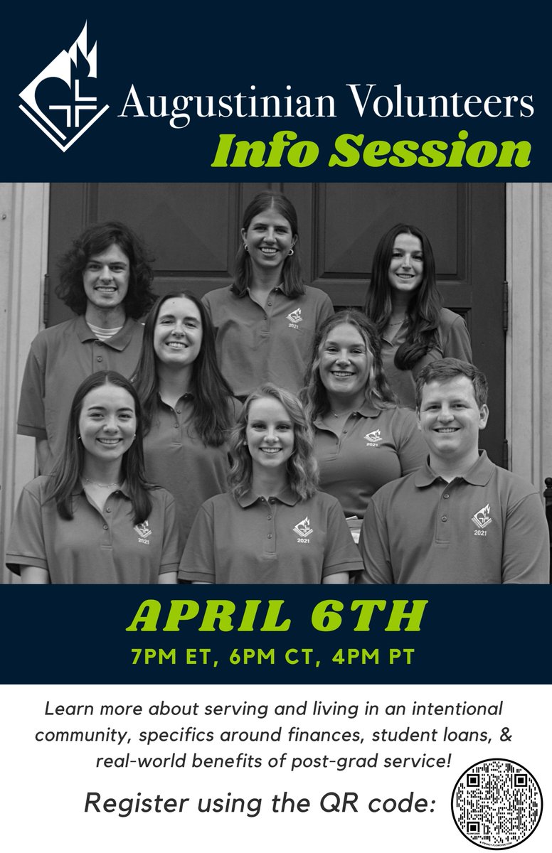 MARK YOUR CALENDARS 📆AV Virtual Info Session on Apr 6th at 7pm EST. We’ll cover topics such as finances, student loans, the basics of serving and living in an intentional community, the real-world benefits of post-grad service &amp; answer any questions! 

augustinianvolunteers.org/information-se…